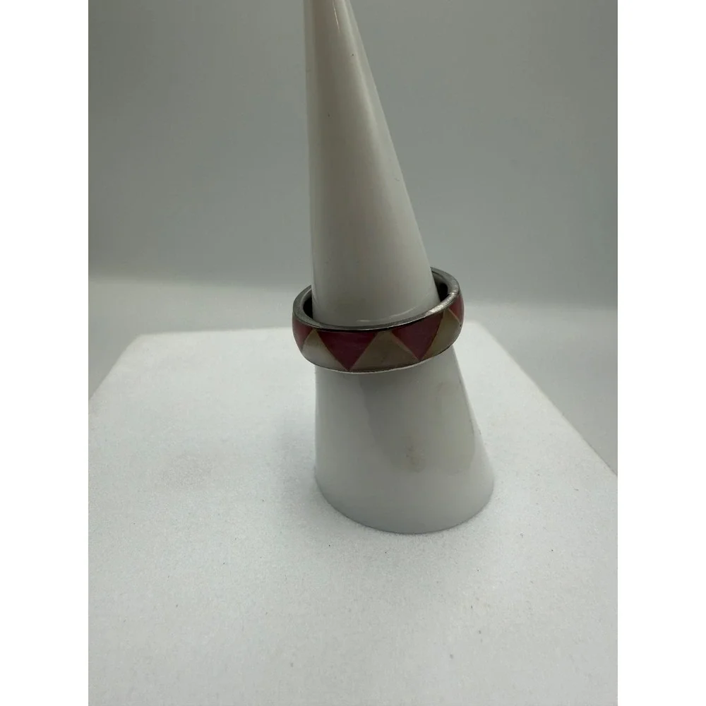 Silver Tone Geometric Inlay Band Ring Pink Cream Triangle Mosaic Size 7